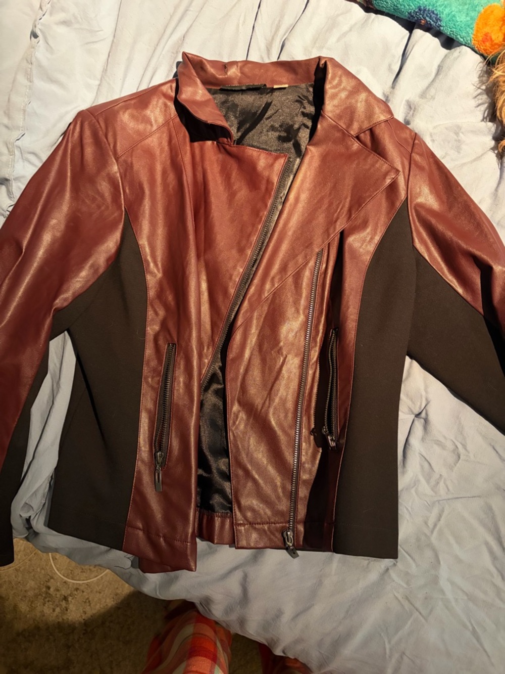Women’s Two-Tone Faux Leather Moto Jacket - Burgundy and Black